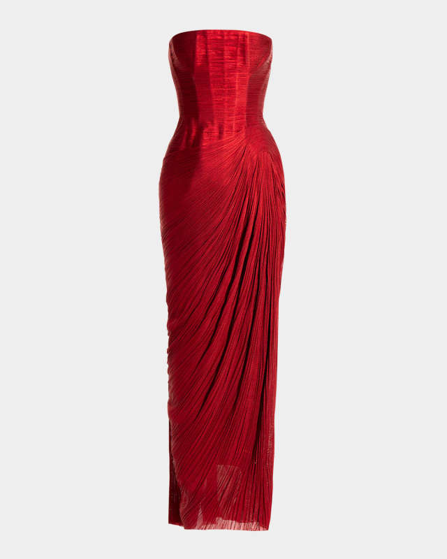Layana Strapless Metallic Plisse Slit Gown